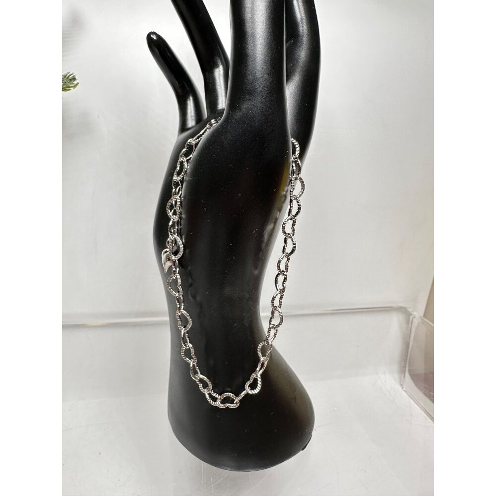 Silver Tone Chain Bracelet With Textured Heart Links Heart Charm Valentines Day